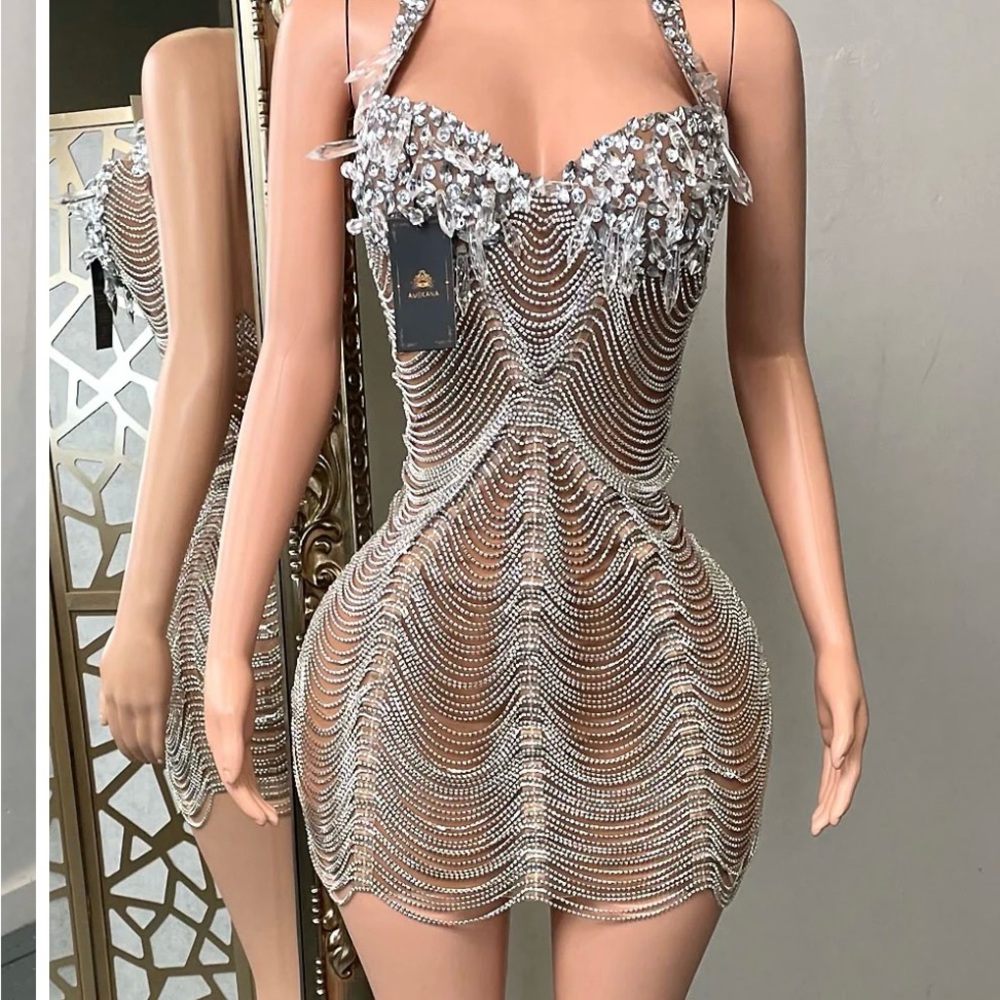 Elegant Silver rhinestone embellished Halter short Dress